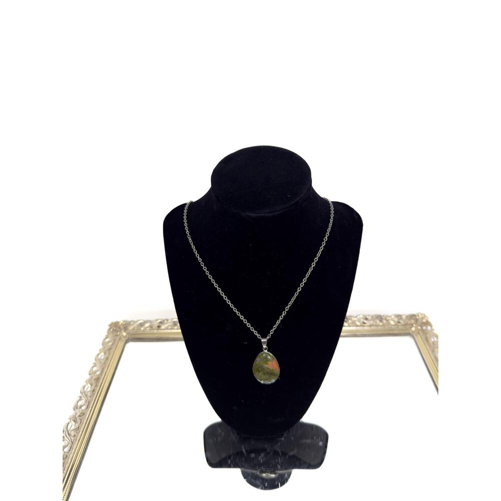 Unakite Jasper Gemstone Pendant Sterling Silver Serpentine Necklace Chain Adjus